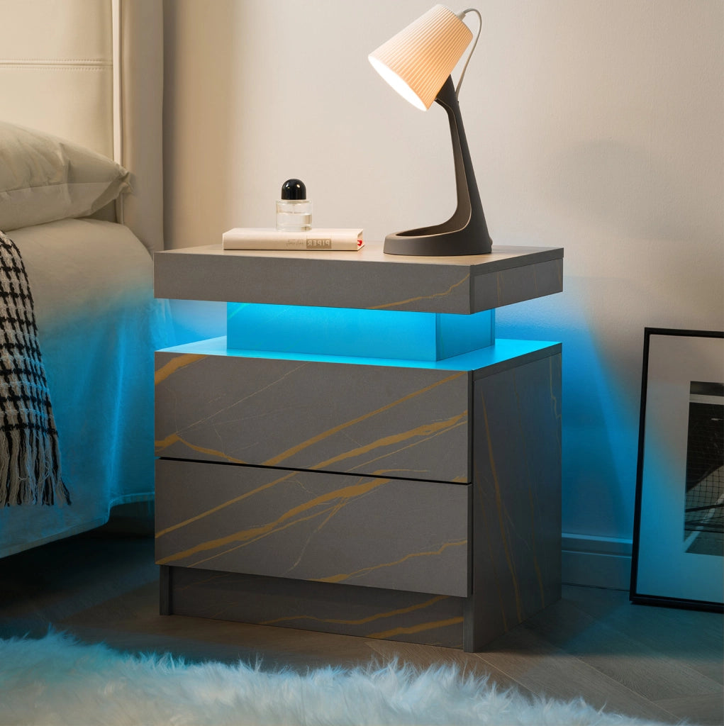 Comodino LED con 2 cassetti grigio e oro