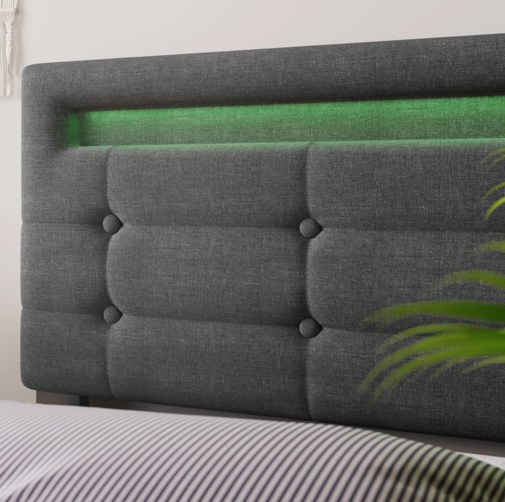 Letto imbottito 90 x 200 cm grigio con LED e 2 cassetti