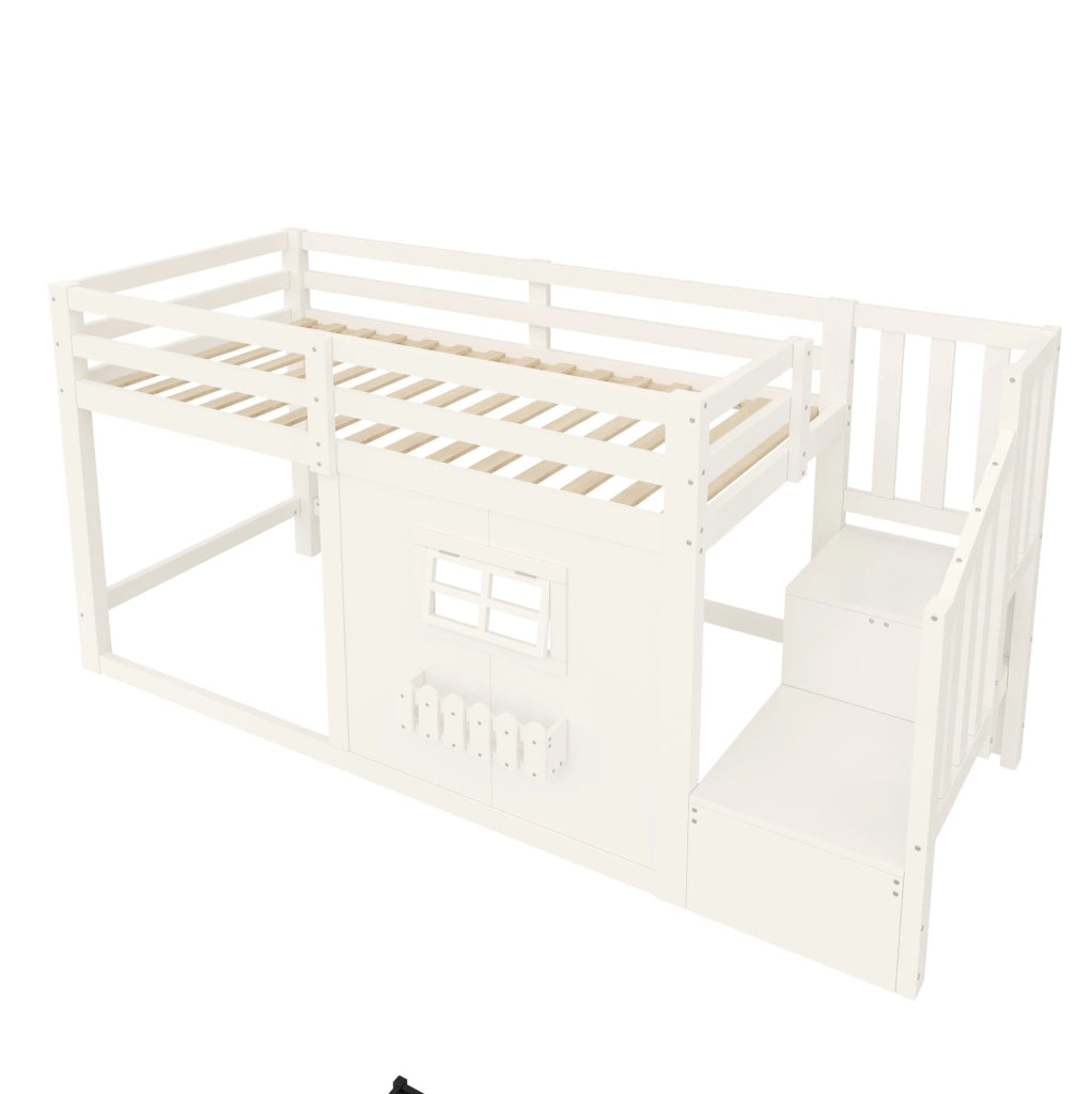 Letto a soppalco ULEVR 90x200 cm con scala contenitore, finestra e luce LED, pino e MDF bianco