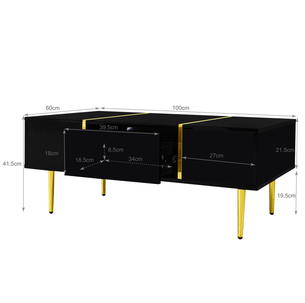 Tavolino da salotto moderno nero lucido con 2 cassetti e dettagli dorati, 100x60x41,5 cm