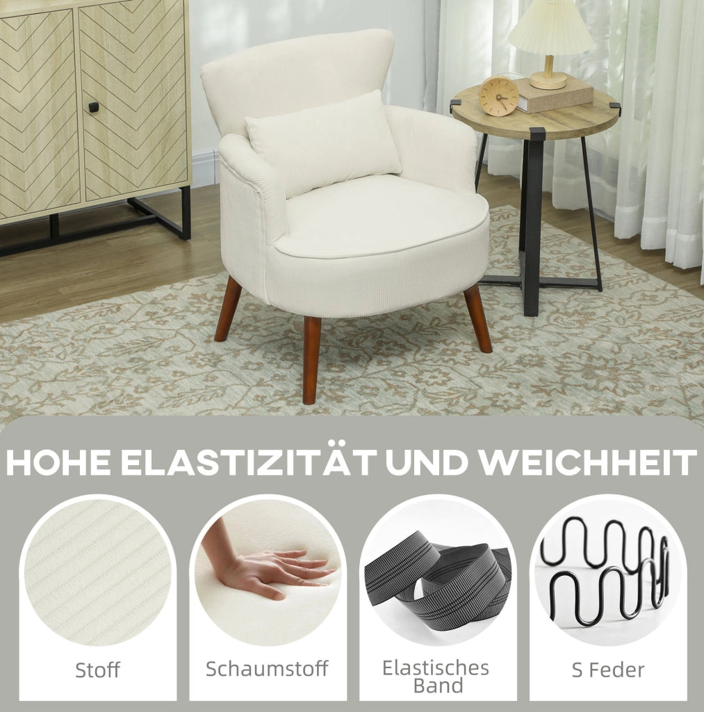 Poltrona imbottita crema con braccioli arrotondati e schienale a ali, gambe in legno, 69x69,5x78 cm, capacità 120 kg