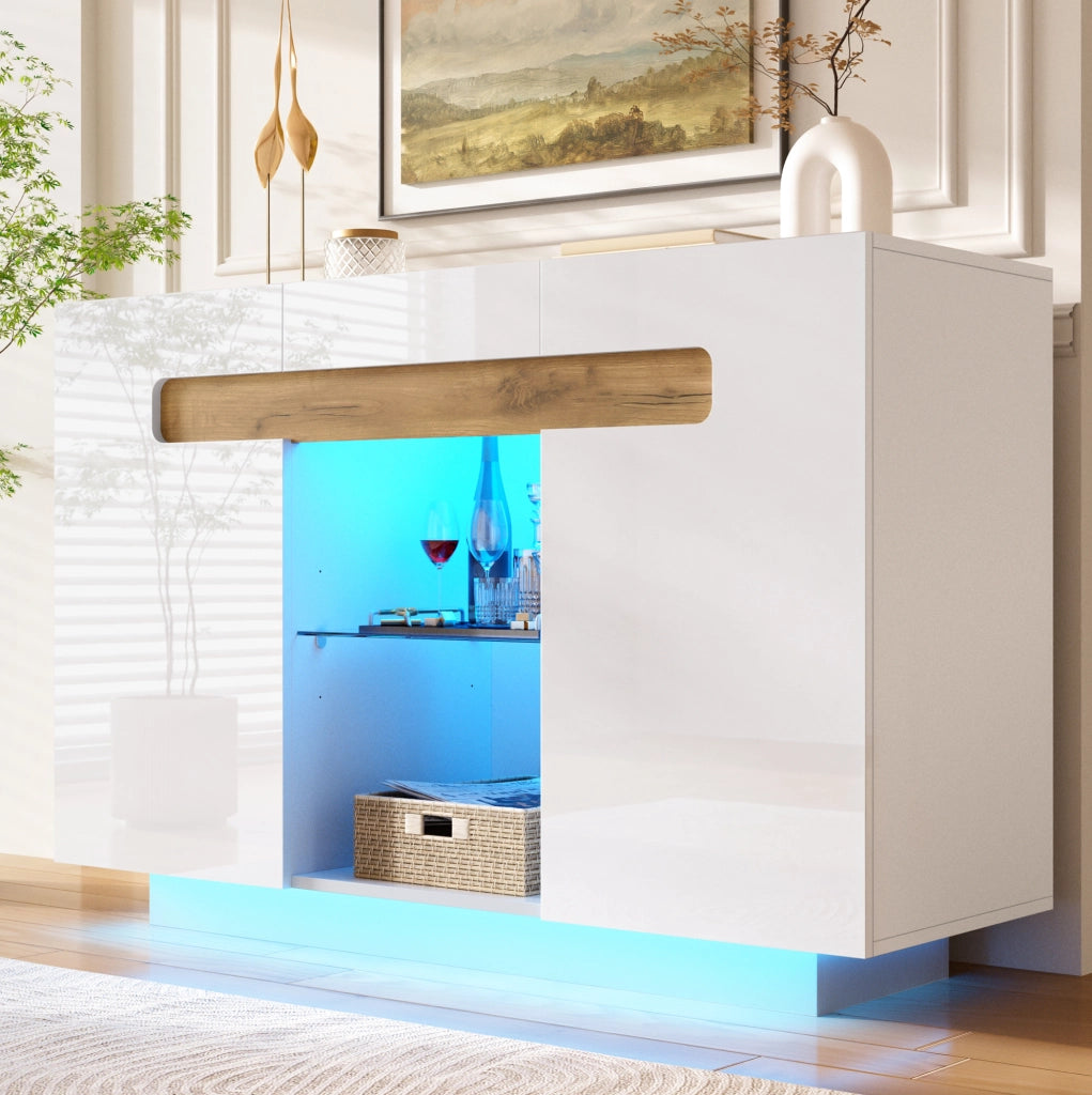 Credenza ULEVR 120x40x80 cm con LED regolabile via app, ripiani in vetro e vani aperti, bianco effetto legno naturale