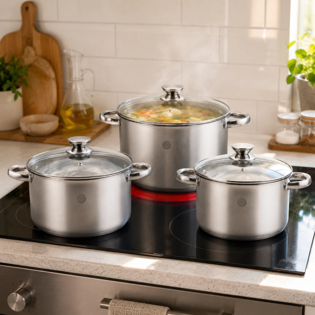 Set 6 Pezzi Casseruole con Coperchio 16 18 20 cm - Linea Divinox - Acciaio Inox 18/10 AISI 304 Triplo Fondo - Induzione e Forno - GMD Italy