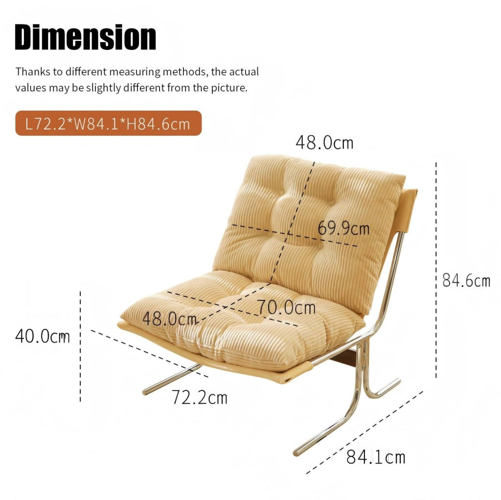 Sedia d'accento crema in velluto a coste con rivestimento removibile e gambe in metallo, stile Barcelona, 72x84x85 cm