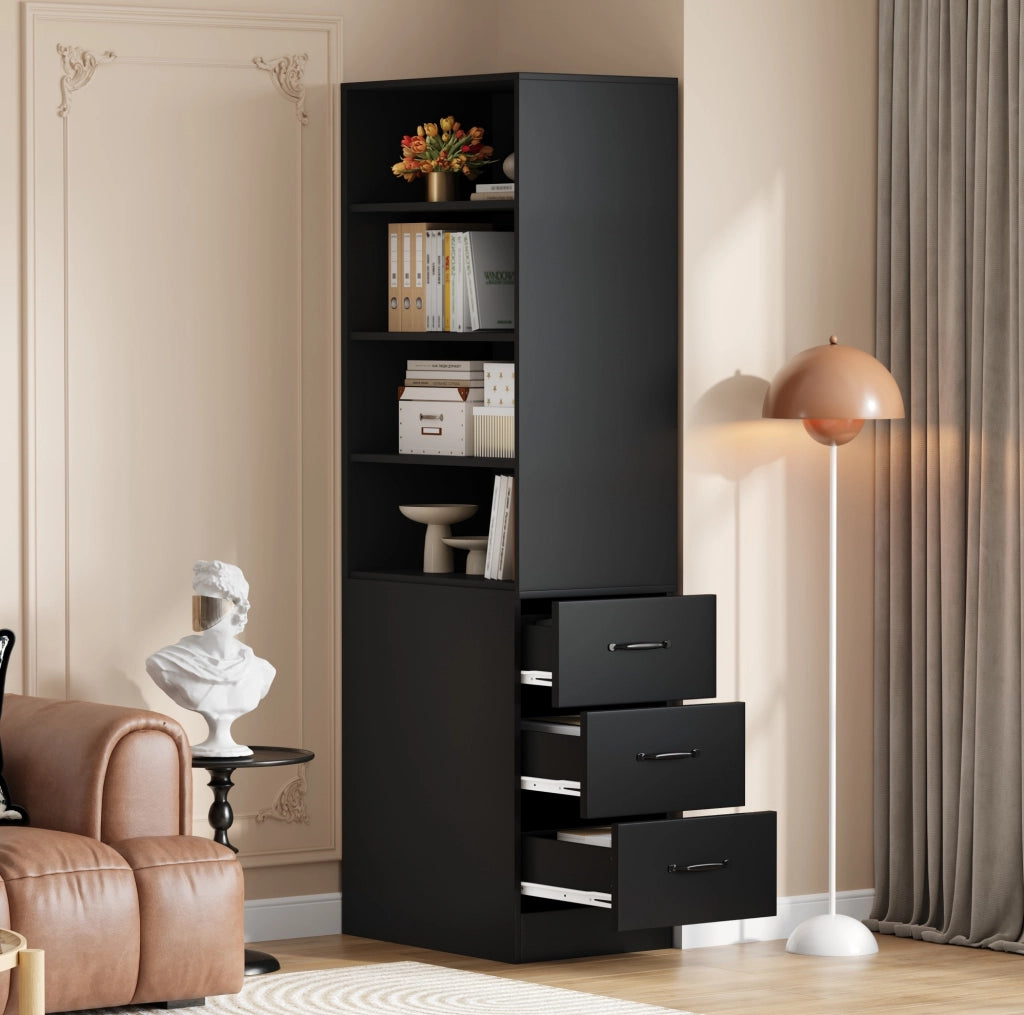 Libreria stretta 60x38x180 cm con 3 cassetti laterali e ripiani regolabili; nera