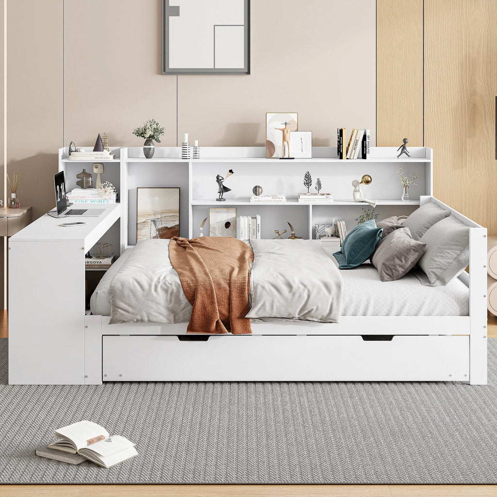 Letto con letto estraibile 140 × 200 cm con scrivania; ripiani; vani e prese USB in legno bianco