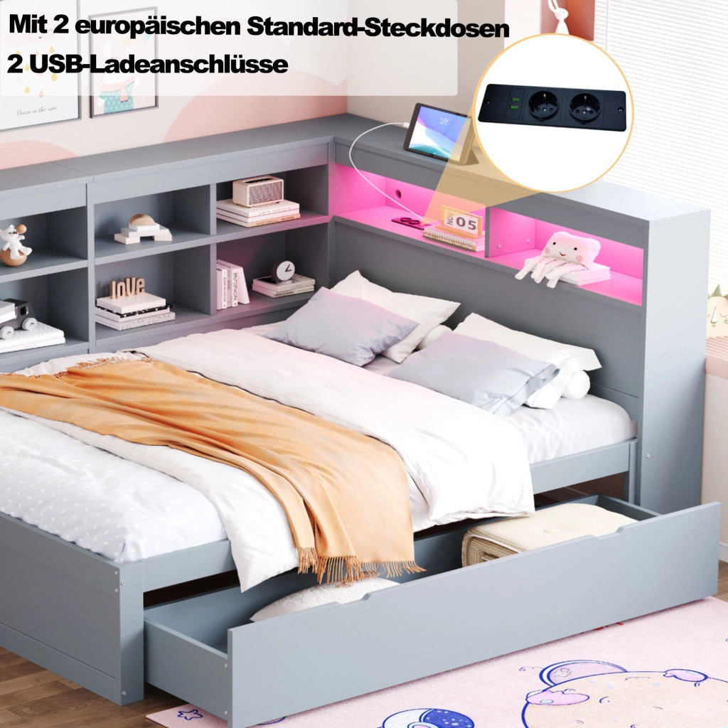 Letto matrimoniale 140 × 200 cm con cassetti LED cangianti e presa USB in legno grigio con vani laterali