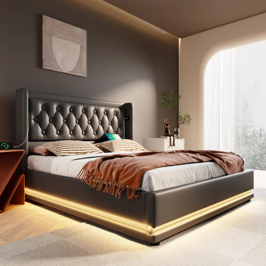OKWISH Letto Contenitore 160×200 cm, Letto Matrimoniale con USB, Type C e LED Regolabile, senza Materasso, in PU, Nero