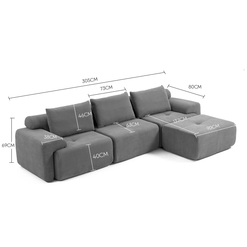 Divano angolare modulare senza telaio in tessuto a coste grigio scuro con pouf scorrevole e seduta profonda 63 cm