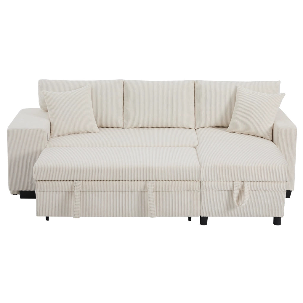 Divano letto angolare 231x131;5 cm con contenitore; USB e USB-C in velluto a coste beige
