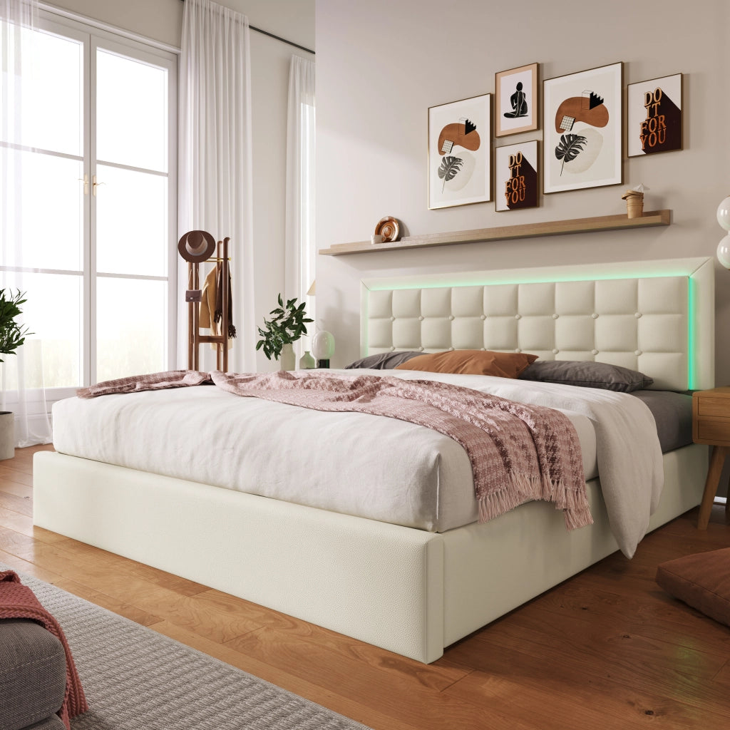 Letto contenitore 160 × 200 cm con materasso LED e rete a doghe rivestito in PU bianco con sollevamento idraulico