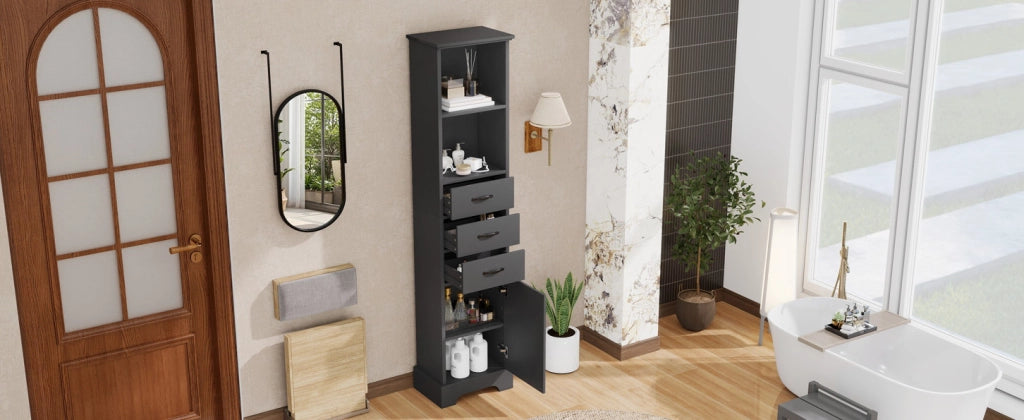 Mobile bagno nero da 38x26x172,5 cm in MDF con 3 cassetti, ripiani regolabili e anta, verniciato per resistenza all'umidità