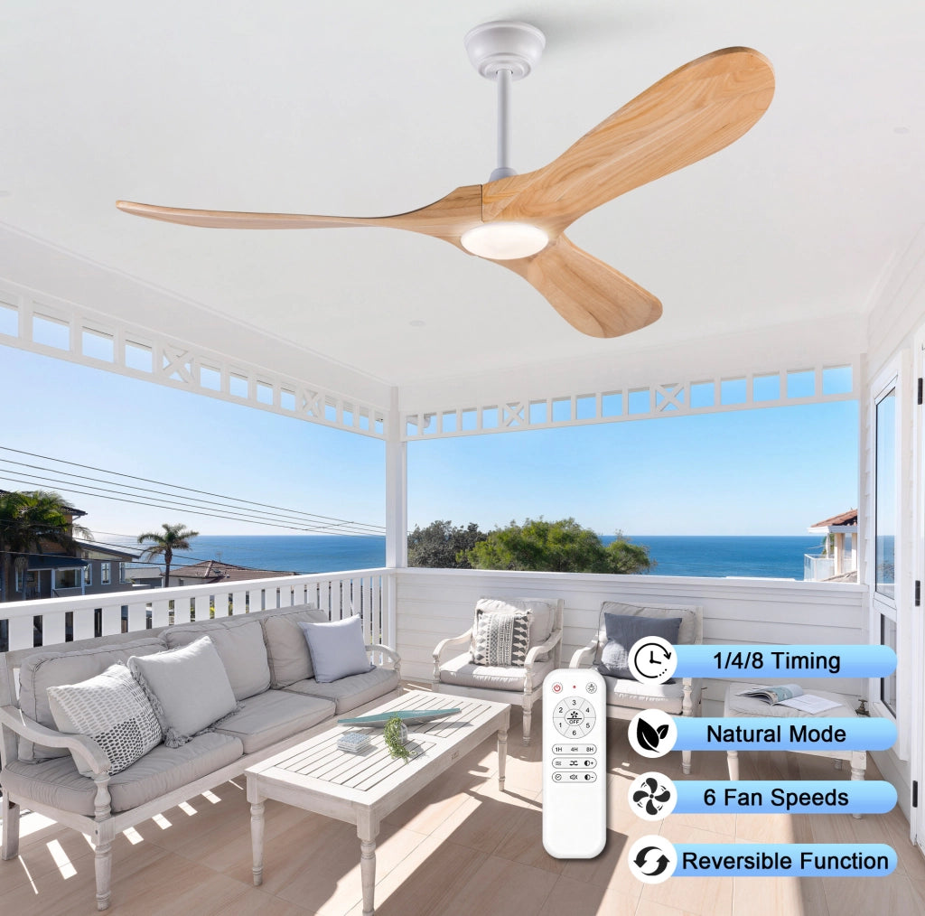 Ventilatore da soffitto 132 cm con tre pale in legno massello, luce LED regolabile 3CCT, telecomando e 6 velocità