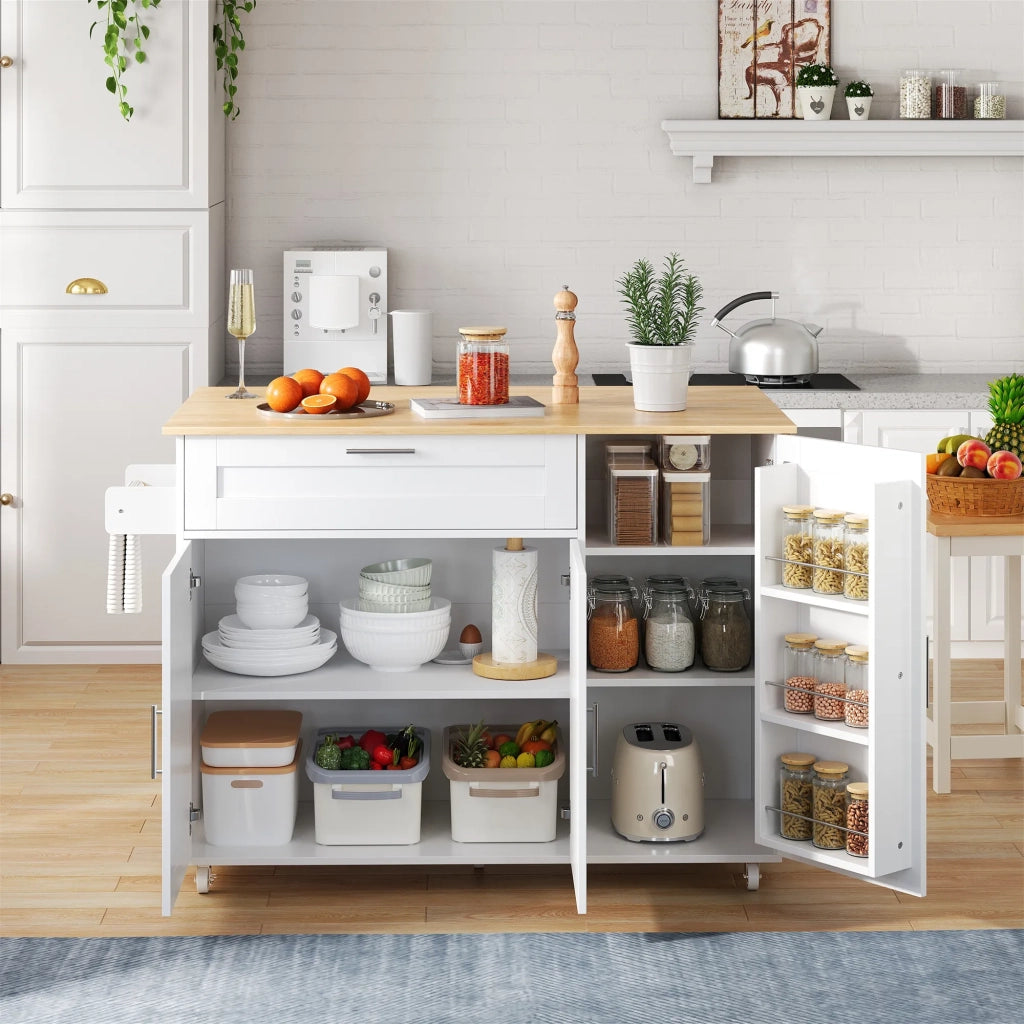 Tavolo da cucina mobile 132,5x44x90 cm con piano ribaltabile, effetto rovere. Mobile multifunzione con portaspezie e porta asciugamani, 5 ruote. Per cucina/casa