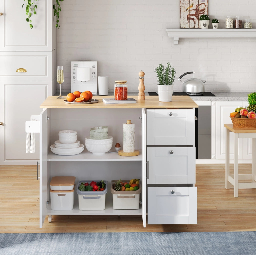 Isola cucina mobile pieghevole con piano effetto rovere 135x70 cm; bianco e naturale