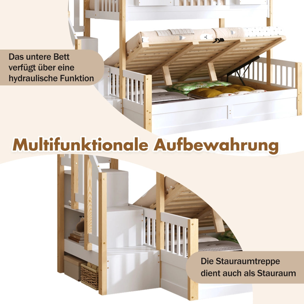 Letto a castello per bambini 90 × 200 cm e 140 × 200 cm in legno bianco con LED e scala contenitore