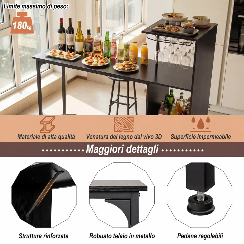 Set tavolo e sgabelli da bar 3 pezzi neri, design industriale, con portabicchieri e 6 portabottiglie, 120 cm, robusto, salvaspazio per casa