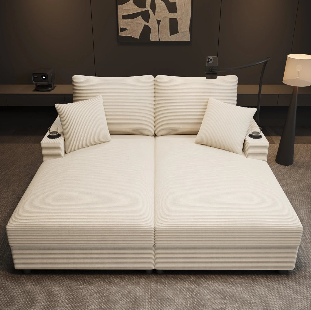 Divano letto doppio in velluto a coste beige con funzione sonno, porta cellulare rotante, porte USB e portabicchieri