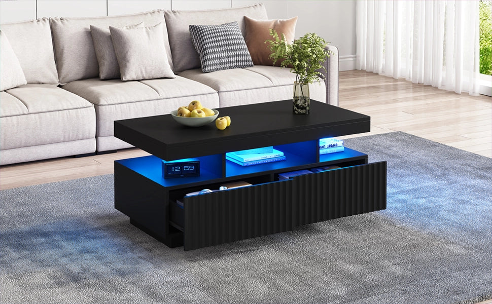 Tavolino da salotto nero 100x50x45 cm con due cassetti e LED