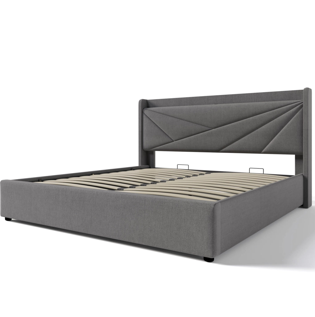 Letto matrimoniale 180x200 cm con contenitore, testiera con USB e Type-C, grigio in cotone e lino
