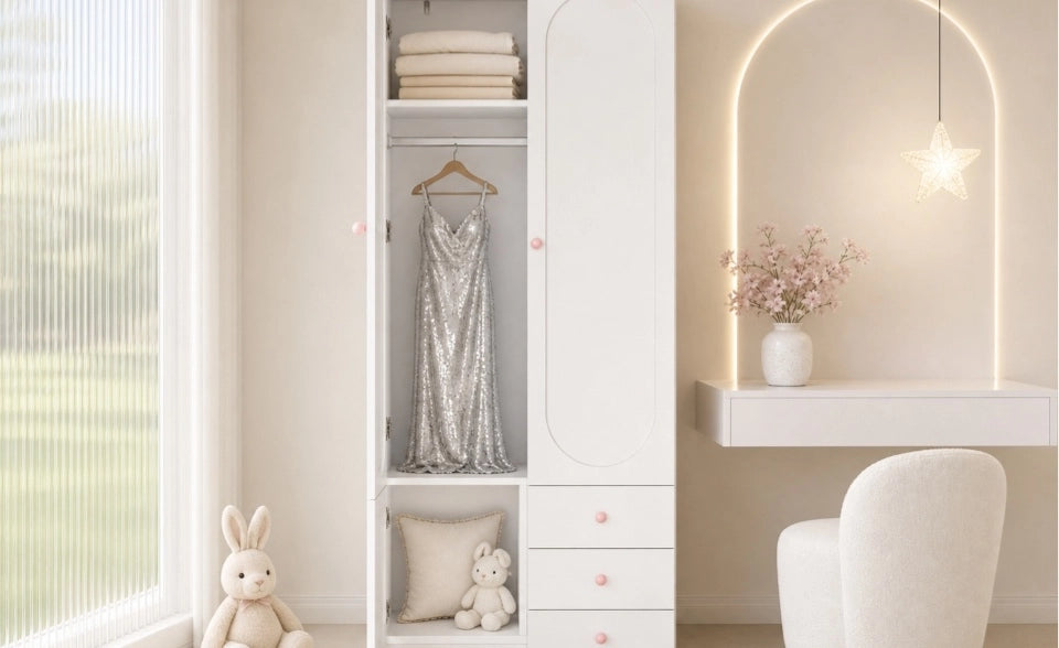 Armadio per bambini bianco con 2 porte, 3 cassetti, pomelli in ceramica rosa, 80×50×200 cm