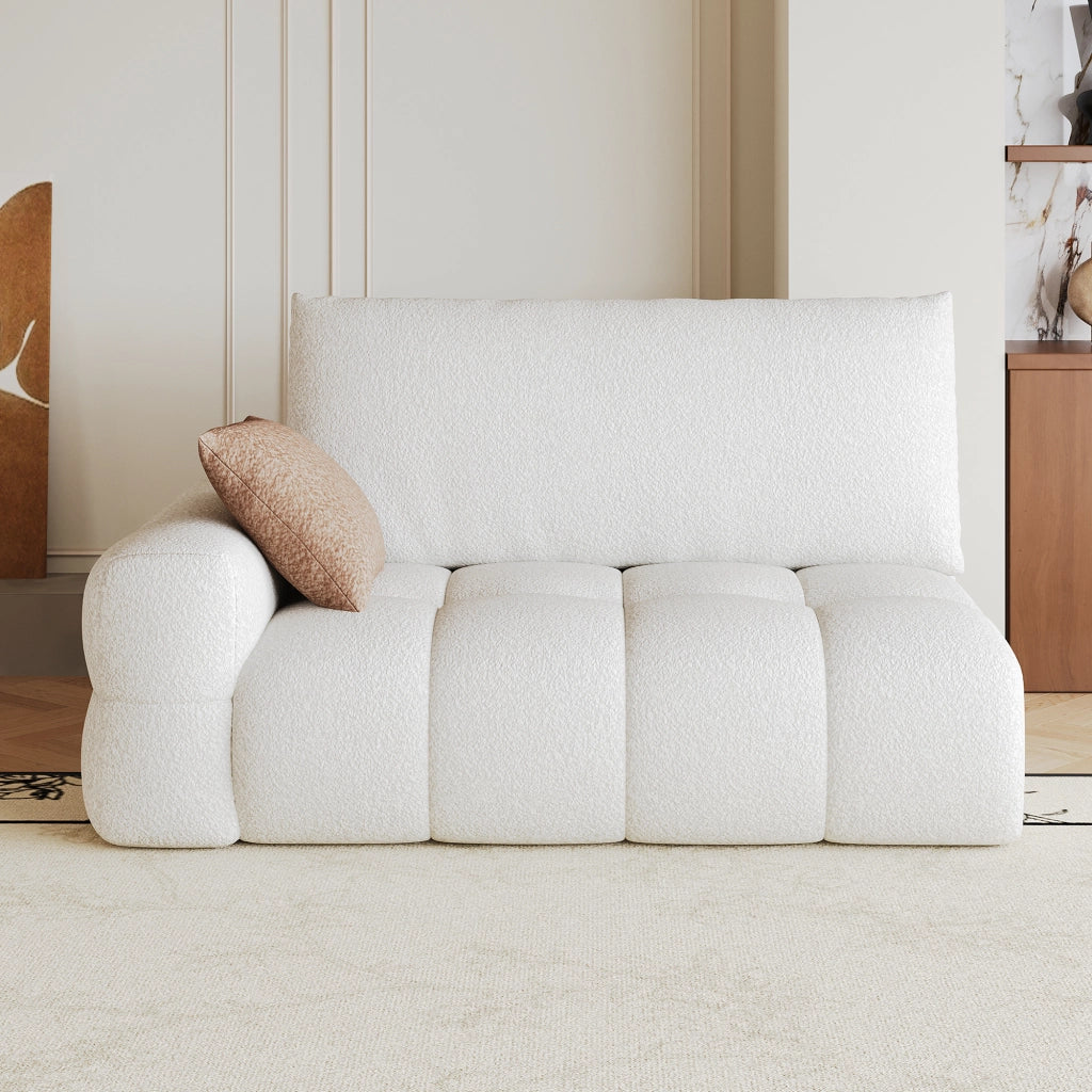 Divano modulare con chaise longue in tessuto effetto vellutato, colore bianco crema, senza montaggio