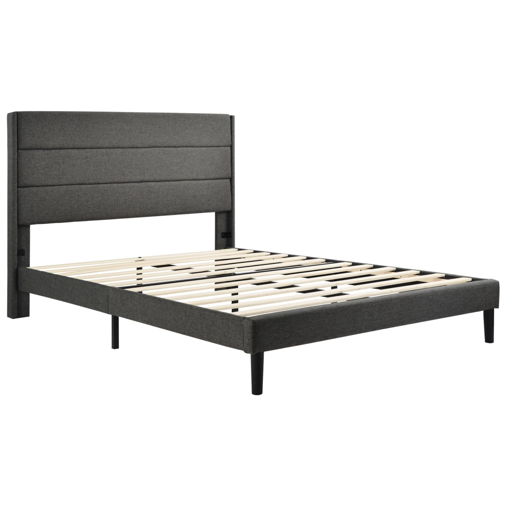 Letto matrimoniale 140 × 200 cm 2 posti, testiera imbottita e materasso H3 a 7 zone, in lino grigio scuro