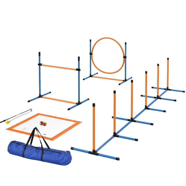 Set agility per cani ULEVR 7 pezzi con ostacolo, anello regolabile, pali slalom e borsa, blu