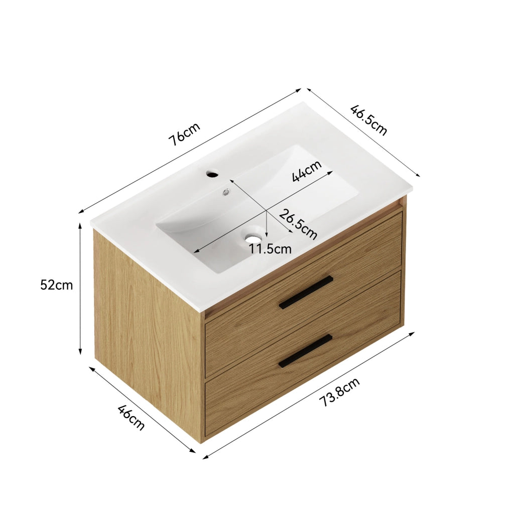 Armadietto da bagno con 2 cassetti in MDF e ceramica rovere chiaro larghezza 75 cm