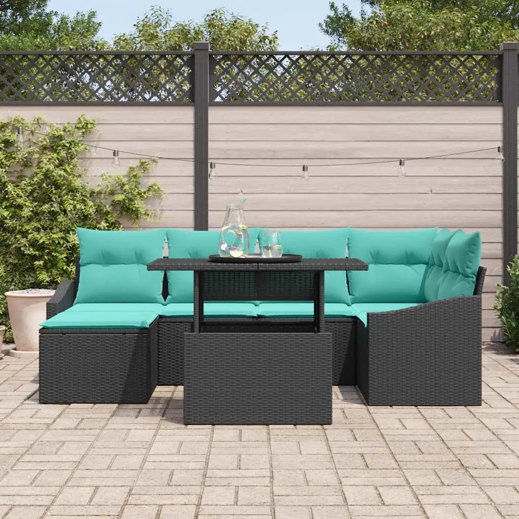 Set di divani con cuscino 7 pcs Nero e Blu Poly Rattan 3349042