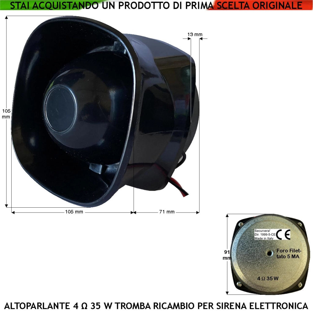 Cono Tromba Magnetodinamica Altoparlante Esponenziale Impedenza 4 Ohm Potenza 40 W 107 dB Frequenza da 750 ± 5,1 KH Ricambio Sirena Allarme Tutte Marche Magnete Ø 91 Per H13 mm Misure H106XL106XP72 mm