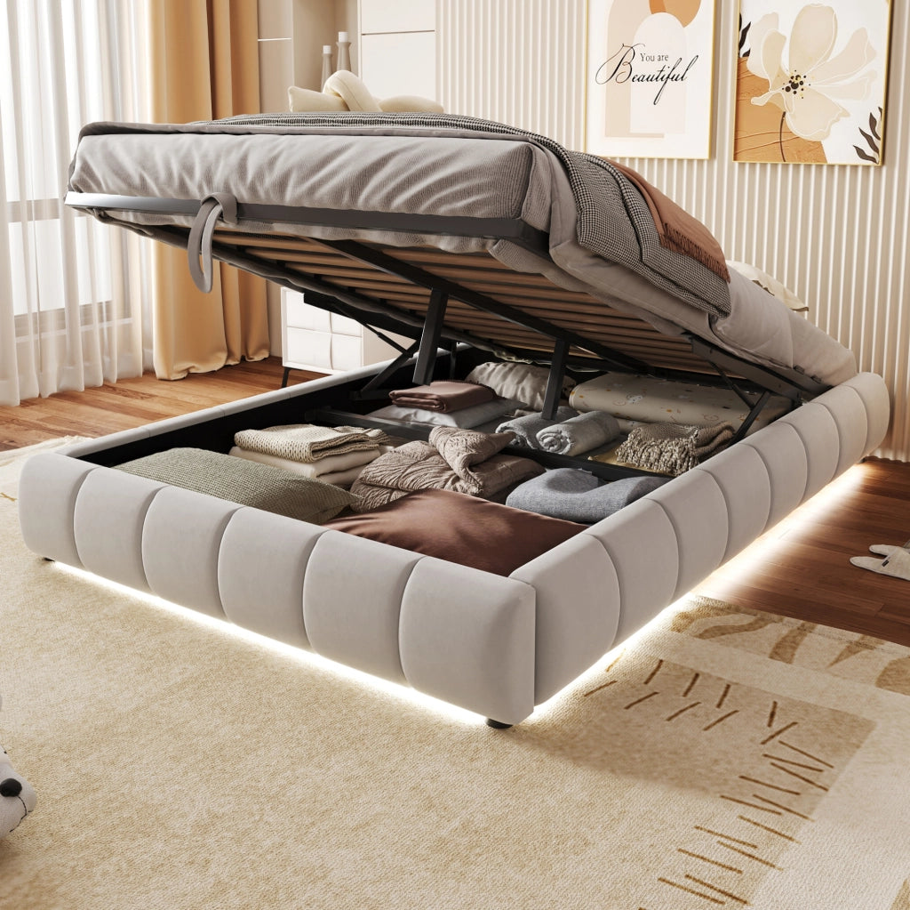 Letto imbottito 140x200 cm con contenitore, LED integrato e struttura idraulica