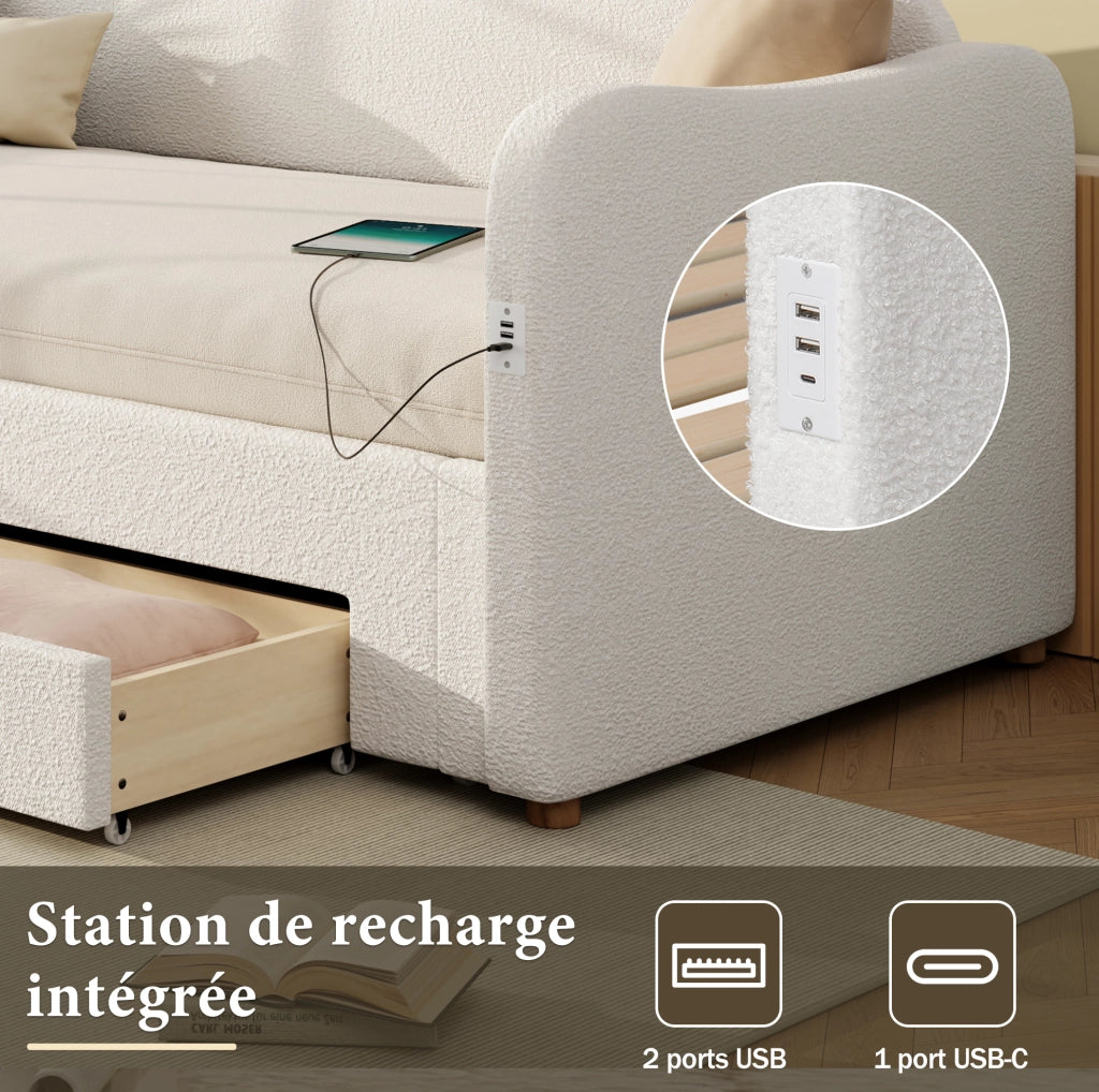 Letto imbottito estensibile con 2 cassetti, 90x200 cm, colore beige bouclé, con porta USB