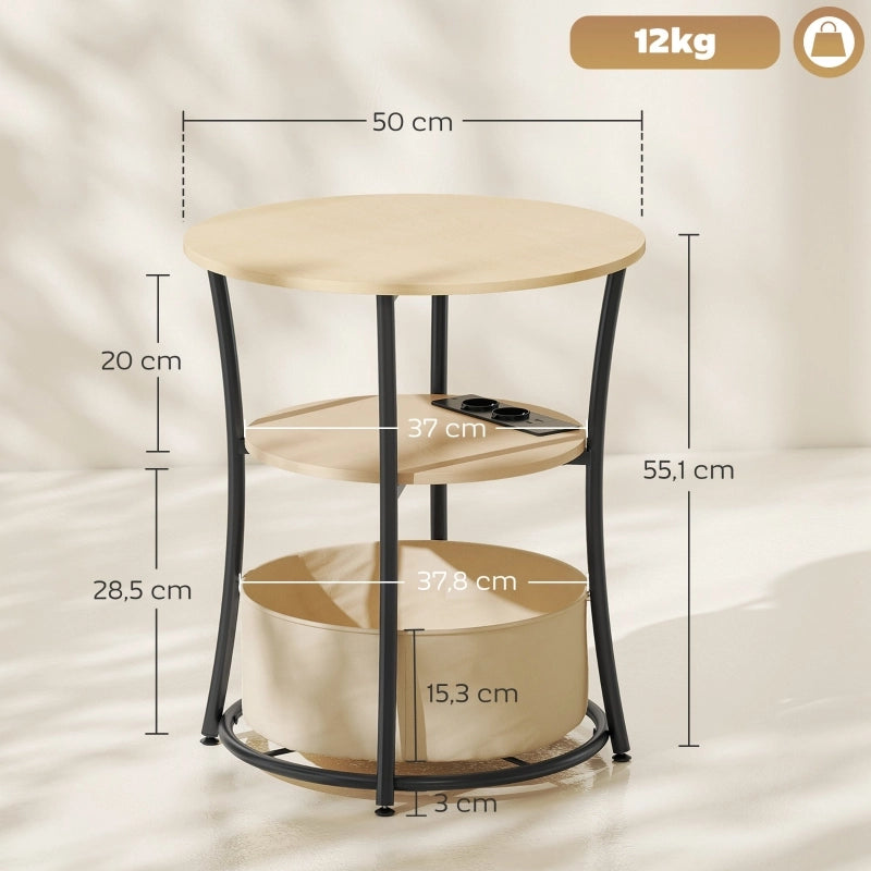 Tavolino laterale rotondo con prese AC USB e USB-C a 3 livelli legno naturale e metallo diametro 50 × 55.1 cm