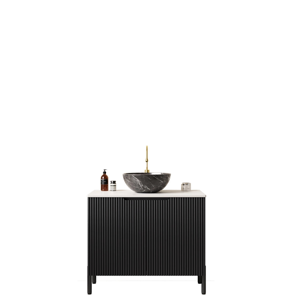 Mobile bagno freestanding 76 cm nero con lavabo in ceramica effetto pietra e top Carrara