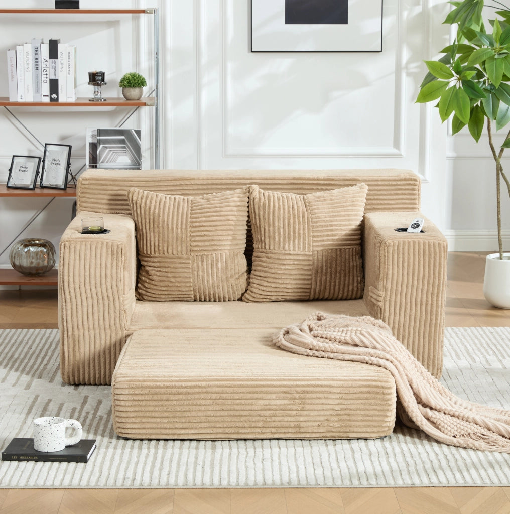 DIVANO Pouf 151x133x64 cm in Velluto a Coste Khaki con Tasche Laterali