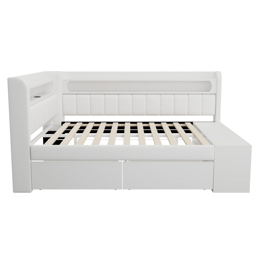 Divano letto imbottito 90x200 cm con LED; USB; due cassetti e scarpiera; bianco