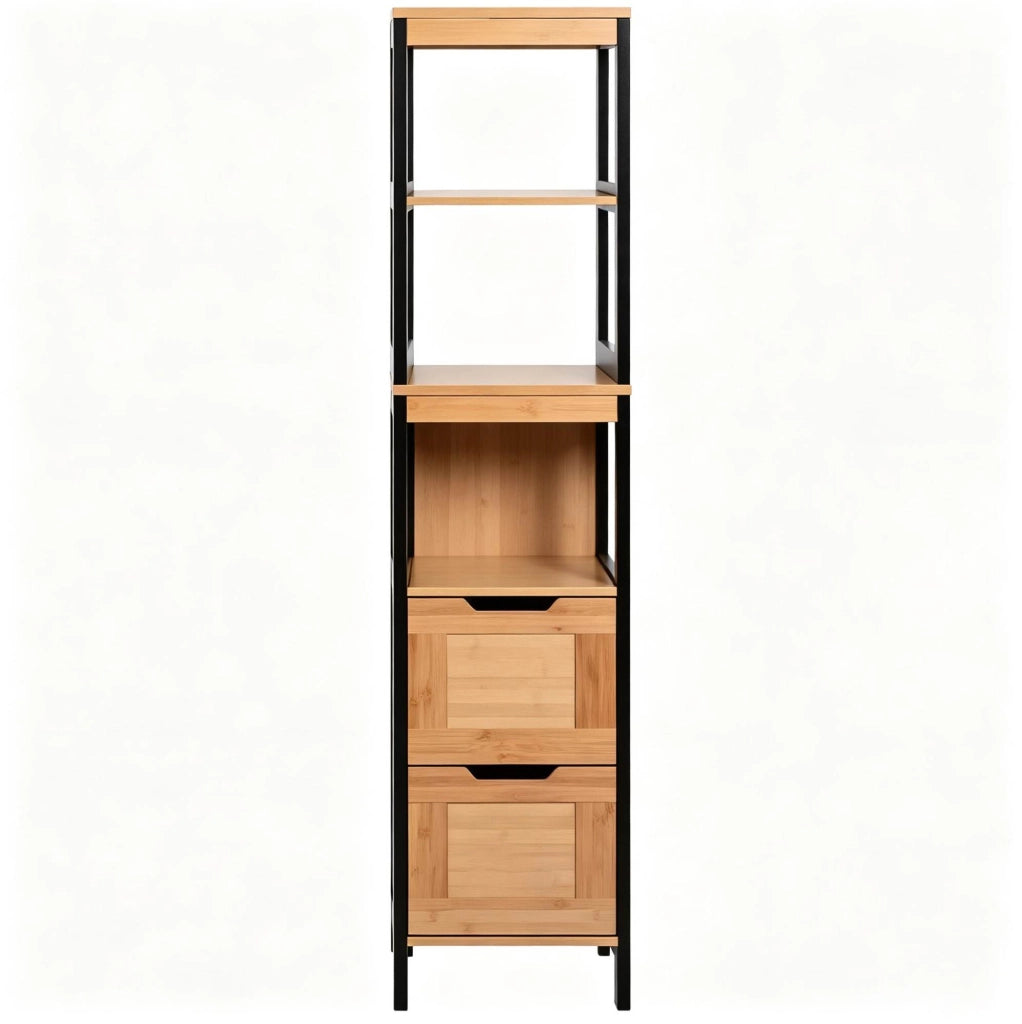 Colonna alta da bagno in bambù naturale e MDF con 3 ripiani e 2 cassetti, salvaspazio