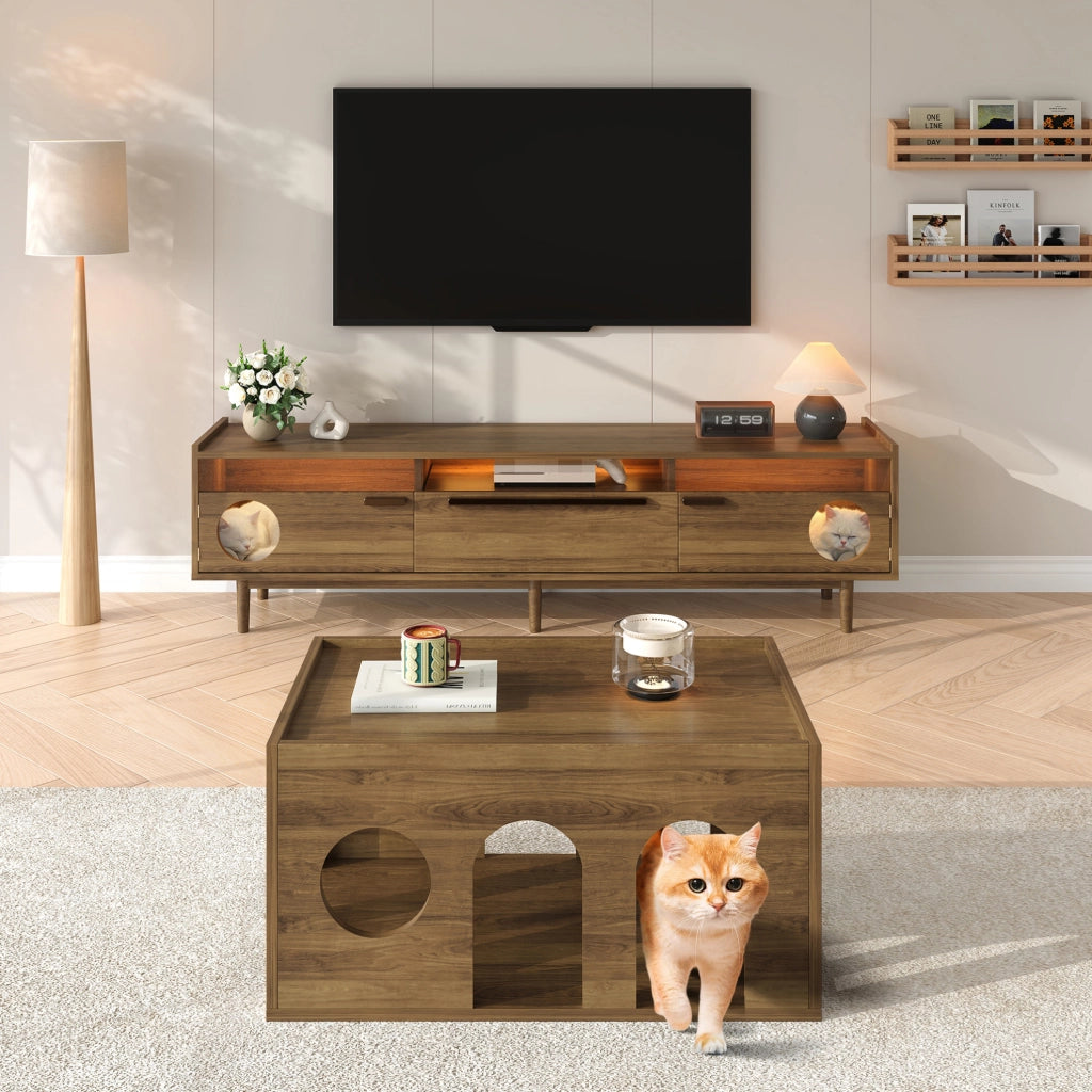 Mobile TV 180x40x50 cm con vano per gatti e illuminazione LED; MDF e vetro temperato; noce
