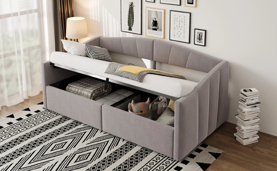 Letto singolo imbottito 90 ¡Á 200 cm con contenitore idraulico rete a doghe in velluto grigio chiaro con braccioli