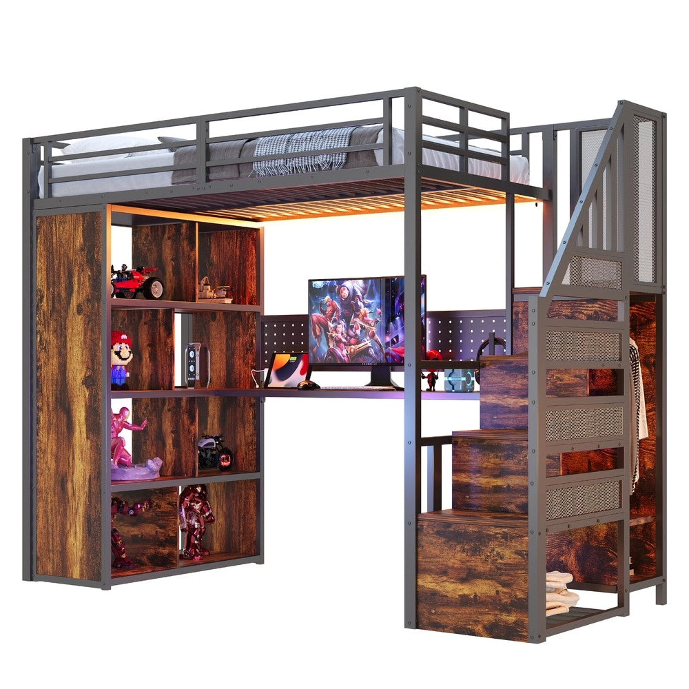 Letto a Soppalco con Scrivania, Armadio e LED ¨C MINIMAL ¨C 90x200, Metallo, Nero