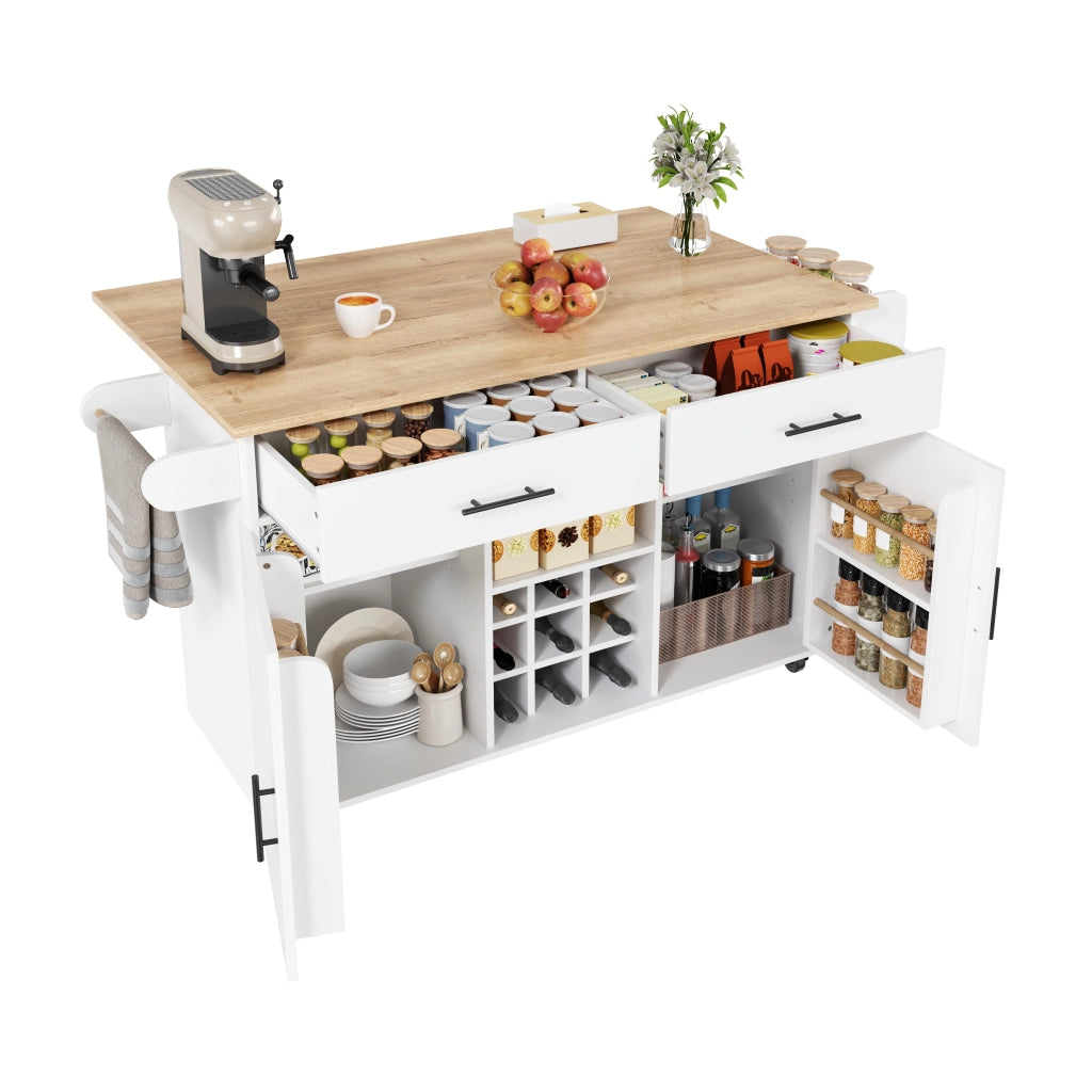 Isola cucina mobile 120x45x84 cm con piano pieghevole; 2 cassetti; portabottiglie e ruote; bianca