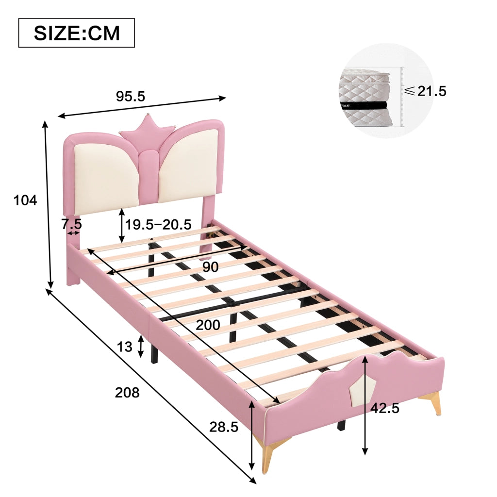 Letto singolo 90 × 200 cm con testiera a corona morbida in PU rosa e bianco