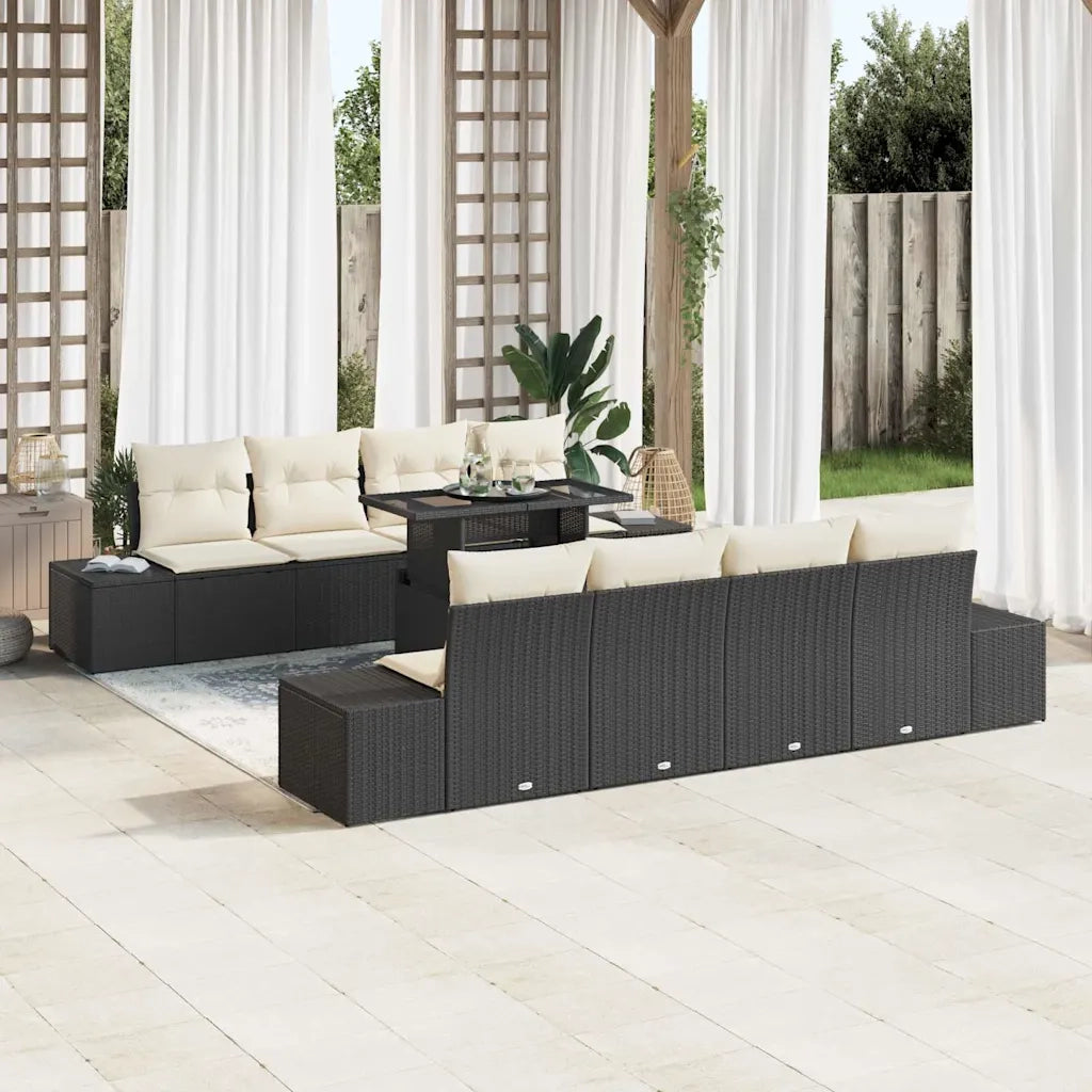 Set Divano da Giardino con cuscino 9 pcs Nero e Crema