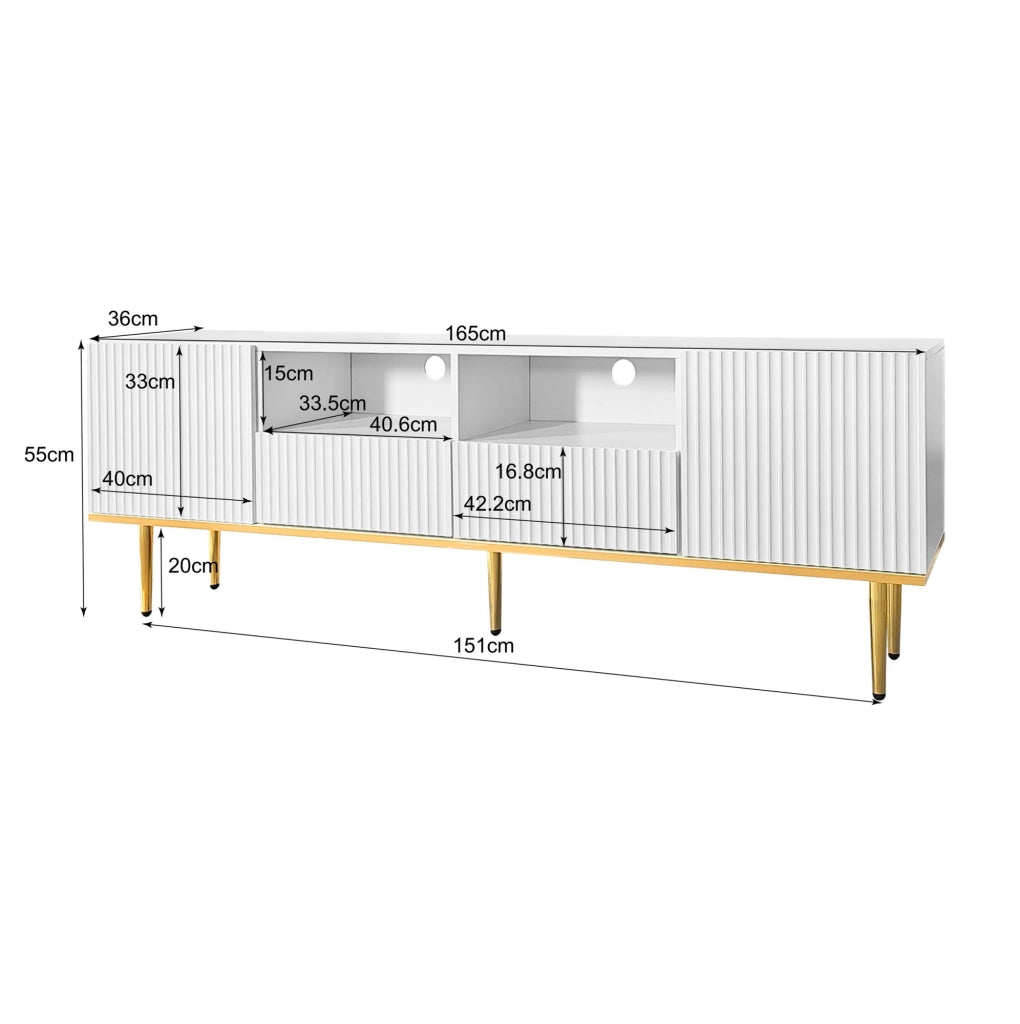 Mobile TV con 2 cassetti e 2 vani; 165 x 36 x 55 cm; pannello truciolare; bianco e oro