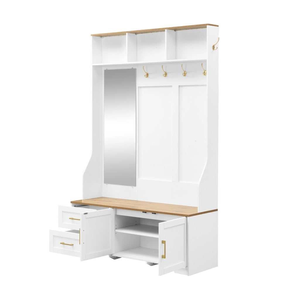 Mobile guardaroba 120x40x187 cm bianco e legno in MDF con LED e specchio