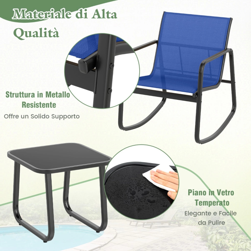 Set di dondoli per patio a 3 pezzi 2 sedie bistrot a dondolo e tavolo con piano in vetro, Set di sedie a dondolo per esterni Blu-Set mobili da esterno
