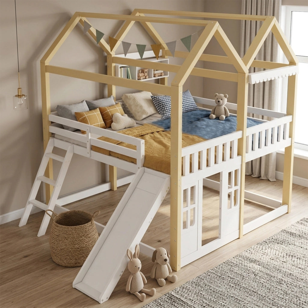 Letto a soppalco a casetta 90 x 200 cm con scivolo e scaletta reversibili, letto per bambini con area gioco, sponde, rete inclusa, bianco, robusto