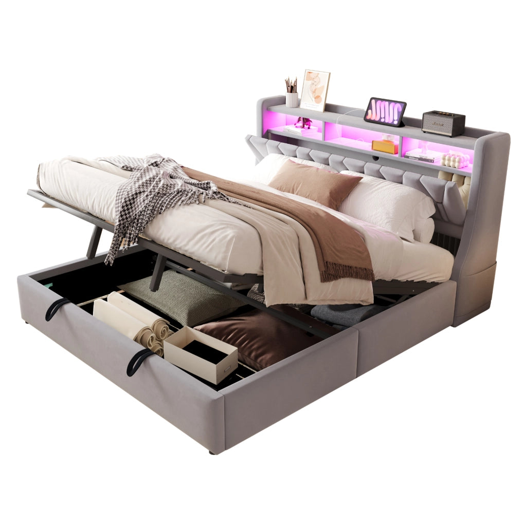 Polsterbett 180x200 cm con contenitore; testiera ribaltabile; LED; USB e USB-C; velluto grigio chiaro