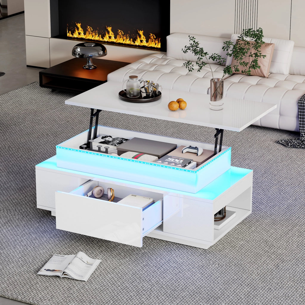 Tavolino elevabile con contenitore, cassetto e luci LED, bianco